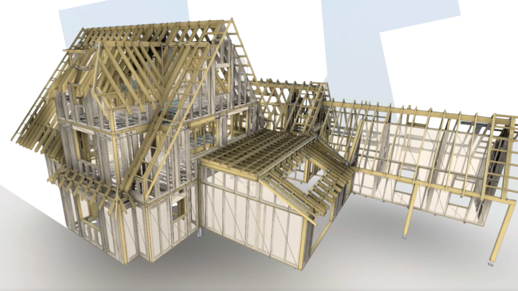 A 3D model showing digital twin construction of a house with a detailed BIM timber frame structure, trusses and beams.
